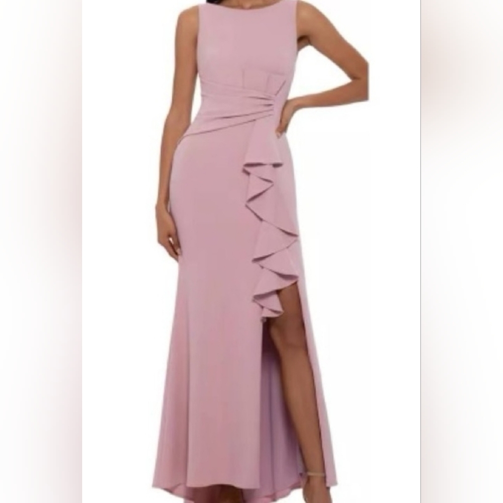 Size 10 - Betsy&Adam Christine Crepe Ruffled Bow Long Pink Dress